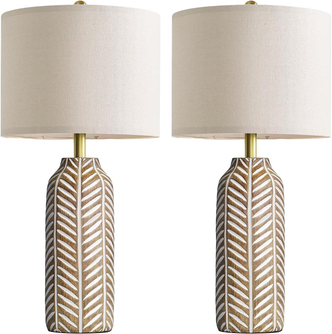 BOBOMOMO 26" Farmhouse Table Lamps Set of 2 - Vintage Leaf Design, Rustic Resin Nightstand Lamps for Bedroom, Living Room, Nursery, Hallway, Elegant Living Room Lamps with Linen Shades Antique Brown (Natural Wood Color)