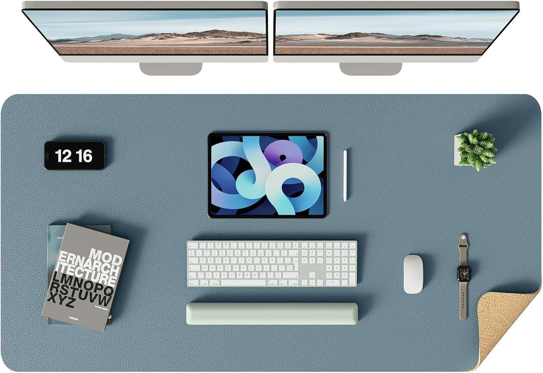 YSAGi Double-Sided Desk Pad, Leather Desk Mat, Eco Cork Desk Pad Protector, Large Mouse Pad for Desk, Waterproof Desk Blotter Pad, Desk Writing Pad for Office Work/Home (Cork+Blue Grey, 47.2" x 23.6")
