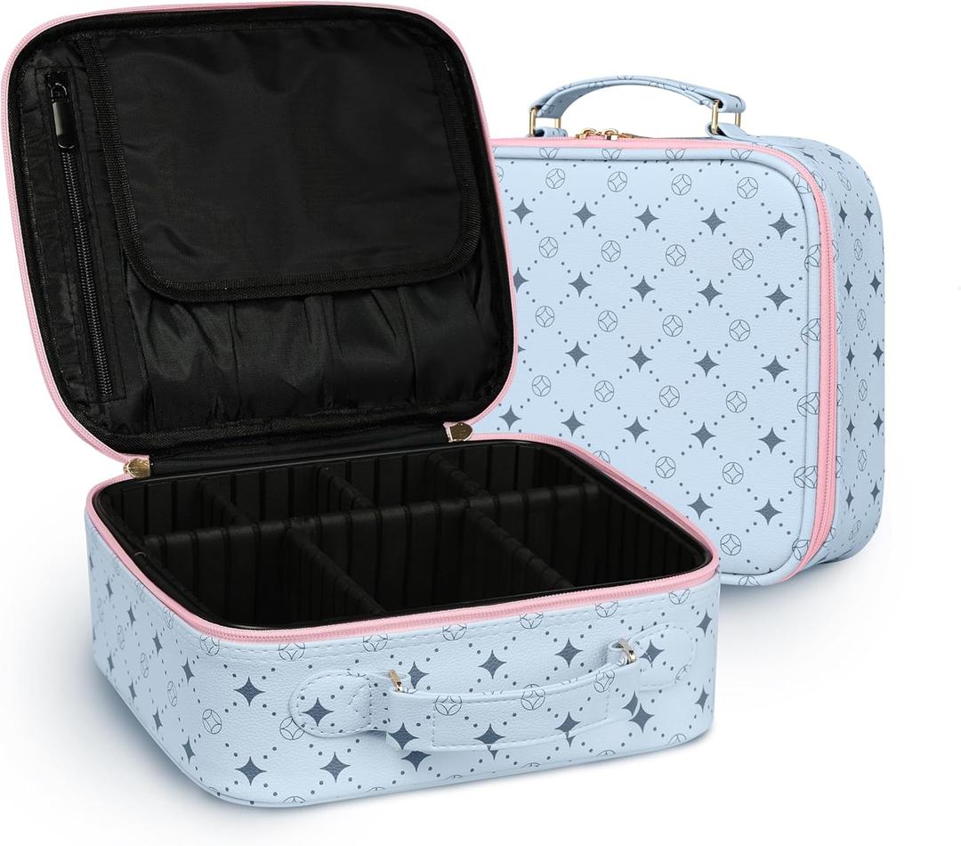 M Y U R E N Travel Makeup Bag,Waterproof Cosmetic Organizer, Adjustable Dividers,Portability Cosmetic Train Case,Makeup organizer,Gift for Women,Girls Gift (Blue+Pink)