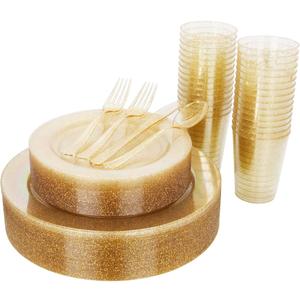 WELLIFE 175 Pieces Gold Glitter Plastic Plates with Silverware and Cups, Includes: 50 Plates, 50 Forks, 25 Knives,25 Spoons and 25 Cups for Party