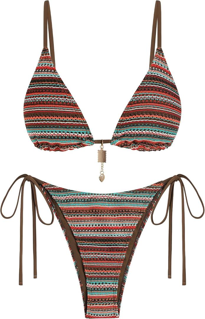 ZAFUL Crochet Bikini Sets for Women Cheeky Boho Bathing Suits Striped Brazilian High Cut Thong Bikini Swimsuit for Vacation, Medium
