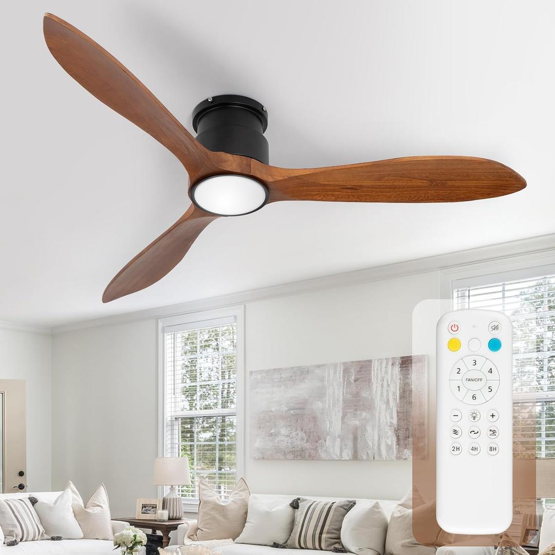 52" Low Profile Ceiling Fan, Flush Mount Ceiling Fan with Lights Remote Control, DC Motor with Wood Blades, 6-Speed & Timer for Bedroom/Living Room/Walnut Wood