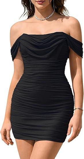 KUTUMAI Women Sexy Off Shoulder Mini Dress Corset Bodycon Ruched Short Cocktail Party Club Dresses (XS, Black)