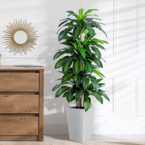 Artificial Dracaena Tree with White Tall Planter, 5ft Tall Potted Artificial Dracaena Silk Plant, Fake Yucca Tree Plant, Home Office Floor Room Decor Plants Indoor Outdoor, Housewarming Gift