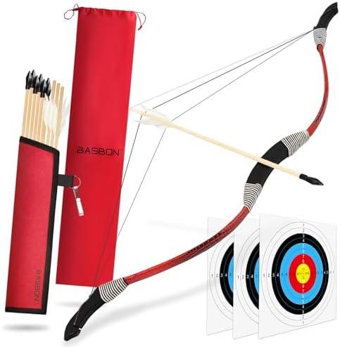 Kids Bow and Arrow Set, 33″ Archery Set Wrapped in Microfiber Leather Wooden Toy Bow and Arrow for Kids 6-8 8-12, 7 Wood Arrows, 3 Feathered Arrows (Rubber Tip), Gifts for Youth Boys Girls