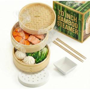 Prime Home Direct Bamboo Steamer Basket 10Inch | 2Tier Steamer for Cooking | 50 Liners, Chopsticks, Sauce Dish | Steaming Asian Food, Bao Buns, Chinese, Dim Sum, Dumpling, Rice, Vegetable Steam Pot