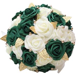 Handmade Wedding Bouquet Artificial PE Rose Bridal Bridesmaid Bouquet with Soft Ribbons Wedding Hand Holding Bouquet Artificial Fake Flowers Toss Bouquet(A-Emerald Green & Ivory, 9.1"/23cm)