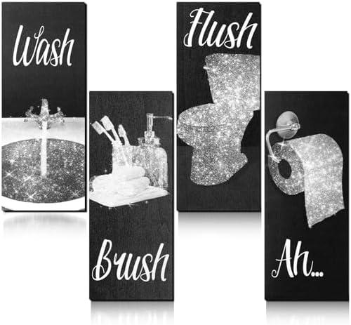 Chinco 4 Pcs Women Funny Wall Art Bathroom Decor 9.84 x 3.94 x 0.2 Inch Glam Bathroom Wall Decor Modern Women Funny Bath Wood Hanging Decoration for Home(Sweet,Black, White)