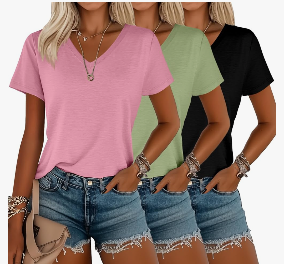 3 Pack Women's T-Shirts V Neck Summer Trendy Short Sleeve Casual Tops Spring Loose Fit Basic Straight Hem Tees, Size M, Black, Grass Green, Pink 3 Pack Women's T-Shirts V Neck Summer Trendy Short Sleeve Casual Tops Spring Loose Fit Basic Straight Hem Tees, Size M, Black, Grass Green, Pink