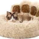 Paw Shape Calming Pet Bed, Plush Faux Fur Donut Bed for Dogs & Cats, Machine Washable, Non-Slip Bottom, Medium (22"×22"×6"), Camel
