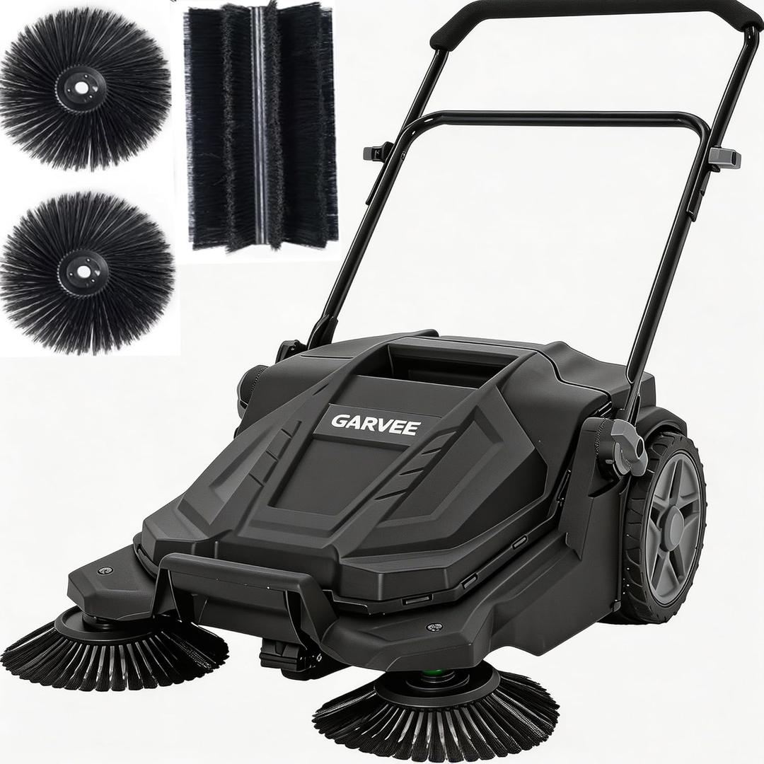 Walk-Behind Outdoor Hand Push Floor Sweeper, 25.6 Inch Wide Manual Non-Electric Sweeper with 5.25 Gallon Waste Bin, Adjustable Folding Handle Heavy Duty Yard Sweeper for Garage Patio Walkway Driveway