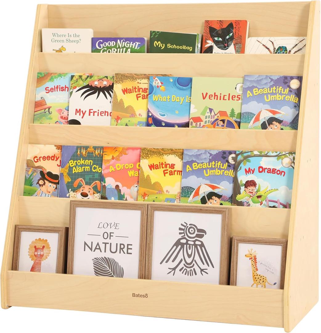 Kids Bookshelf for Toddlers and Babies, Wooden Montessori Bookshelf for Kids Room, Baby Book Shelf with Storage for Nursery, Classroom, Playroom (Large)