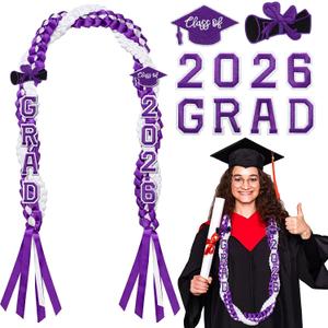 Suncalla 11 Pcs 2026 Graduation Leis Set Graduation Leis Class of 2026, Grade Braided Cords with Letters Card Patches Ribbon Lei Graduate Gift for High School Master College Grad Party(Purple White)