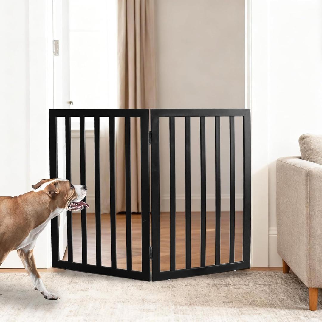 Love's Cabin Freestanding Indoor Dog Gate for House Foldable Wood Black Puppy Gate for Doorways Pet Gate for Stairs Extra Wide Pet Fence 32" Height 2 Panels, 【2 Panels】40''w x 32''h