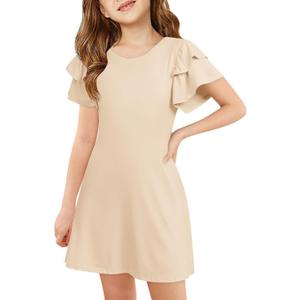 Haloumoning Girls Ruffle Sleeve Dresses Kids Summer Crewneck A Line Casual Dress 5-14 Years (11-12 Years)