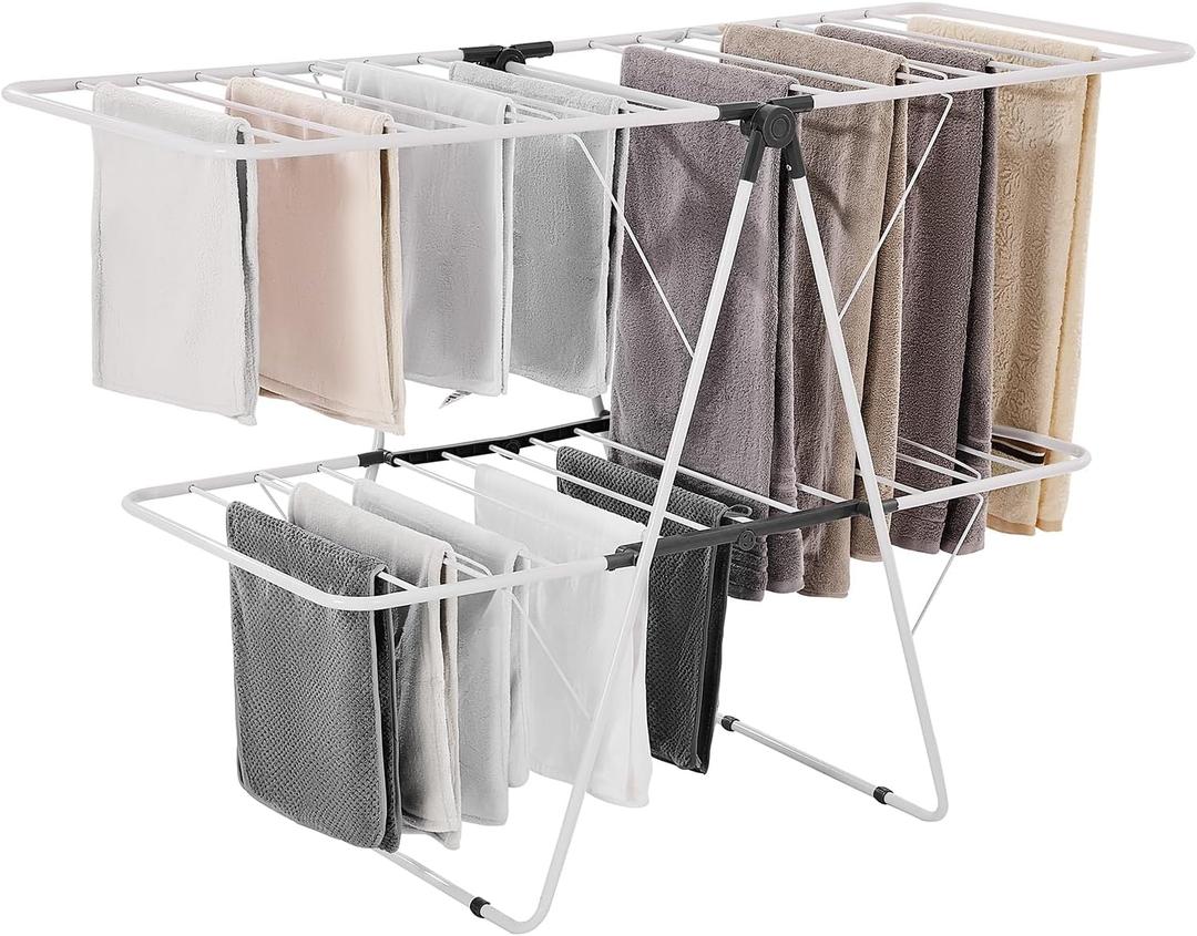 VEVOR Clothes Drying Rack, 2-Tier Foldable Laundry Dryer Rack with Sock Clips & 31 Dry Rods, Metal Height Adjustable Drying Racks for Outdoor & Indoor, Free-Standing & Space-Saving Hanger, White, 59"d X 23.6"w X 41.7"h