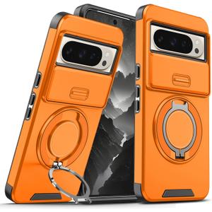 for Google Pixel 10 Pro XL Case with Slide Camera Cover and Rotating Kickstand Ring, Slim Magnetic Accessories Shockproof Phone Case for Google Pixel 10 Pro XL (Orange)