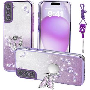 Samsung Galaxy S21 FE Phone Case,for S21 Fan Edition Mobile Phone Case for Women and Girl, Glitter Butterfly Floral TPU Protective Cover with Kickstand+Strap for Samsung S21 Fe (Purple)