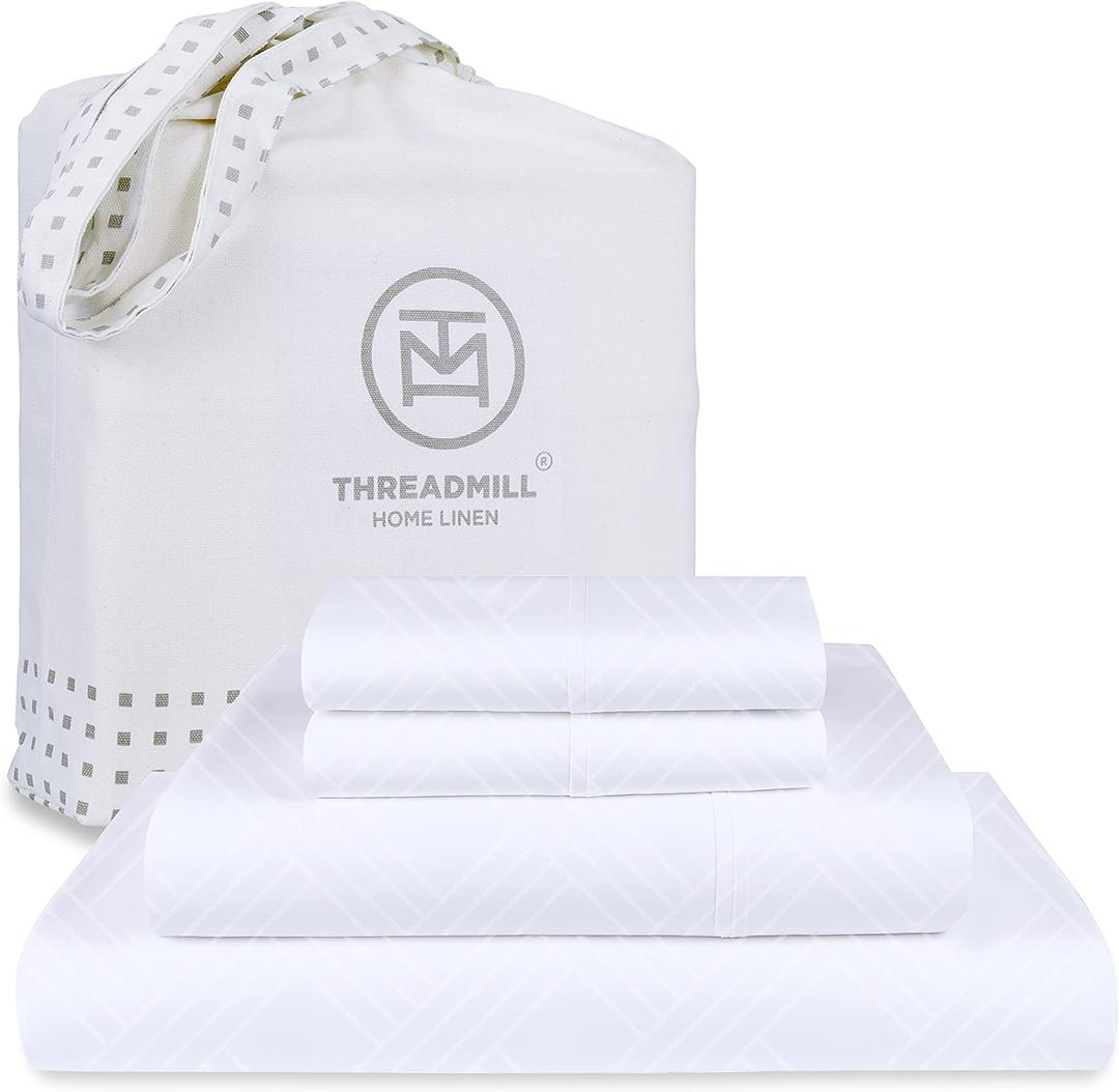 Threadmill Luxury 100% Cotton King Size Sheets Set- 800 Thread Count Jacquard Celine Hotel White, Better Than Egyptian Cotton,4 Pc Striped Bed Set, Damask Bed Sheets with 16" Deep Pocket