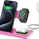 3 in 1 Charging Station for iPhone 17 - Wireless Charger for Apple Devices for iPhone 17 16 15 14 13 12 11 Pro Max - Foldable Wireless Charging Station Dock Stand for Apple Watch Series & AirPods (Rose Pink)