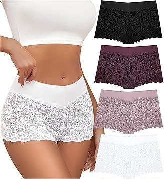 Lace Boyshort Sexy Underwear Womens Panties Cheeky Plus Size Lingerie Stretch Cotton Waistband, XL 4Pack