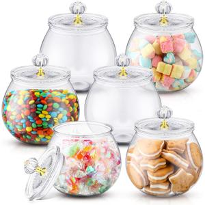 Nuogo 6 Pcs Plastic Candy and Cookie Jar with Lids Decorative Apothecary Jars Candy Buffet Containers Clear Airtight Food Storage Canister Home Decoration(30 oz,Stylish)