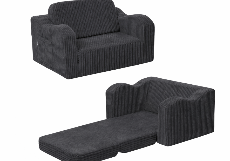 MeMoreCool Toddler Couch Fold Out 2-in-1 Convertible Kids Sofa Bed with Soft Corduroy Cover, High-Density Foam Toddler Chair for Ages 13, Foldable Floor Lounger with Machine-Washable Cover, Gray