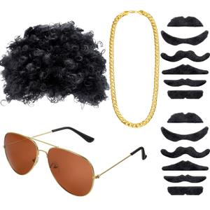 WILLBOND Hippie 70s Disco Costume Set for Men Short Curly Afro Wig Sunglasses Faux Gold Chain Fake Moustache Party Accessory (Black)