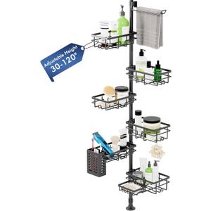 Shower Caddy Organizer Tension Pole, Rustproof 6-Pack Corner Shelf with 30-120 Inch Adjustable Shower Rack for Inside Shower, Extra Towel Bar & Soap Dish for Bathroom Organizers and Storage, Black