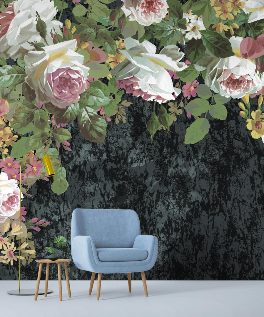WRIGAEL Wall Mural (Not Peel and Stick) Wallpaper for Bedroom Living Room Art Full Large Wall Paper Murals Modern Vintage Floral Peony Flowers Botanical Leaf Dark Floral Extra Wide 137"x106"