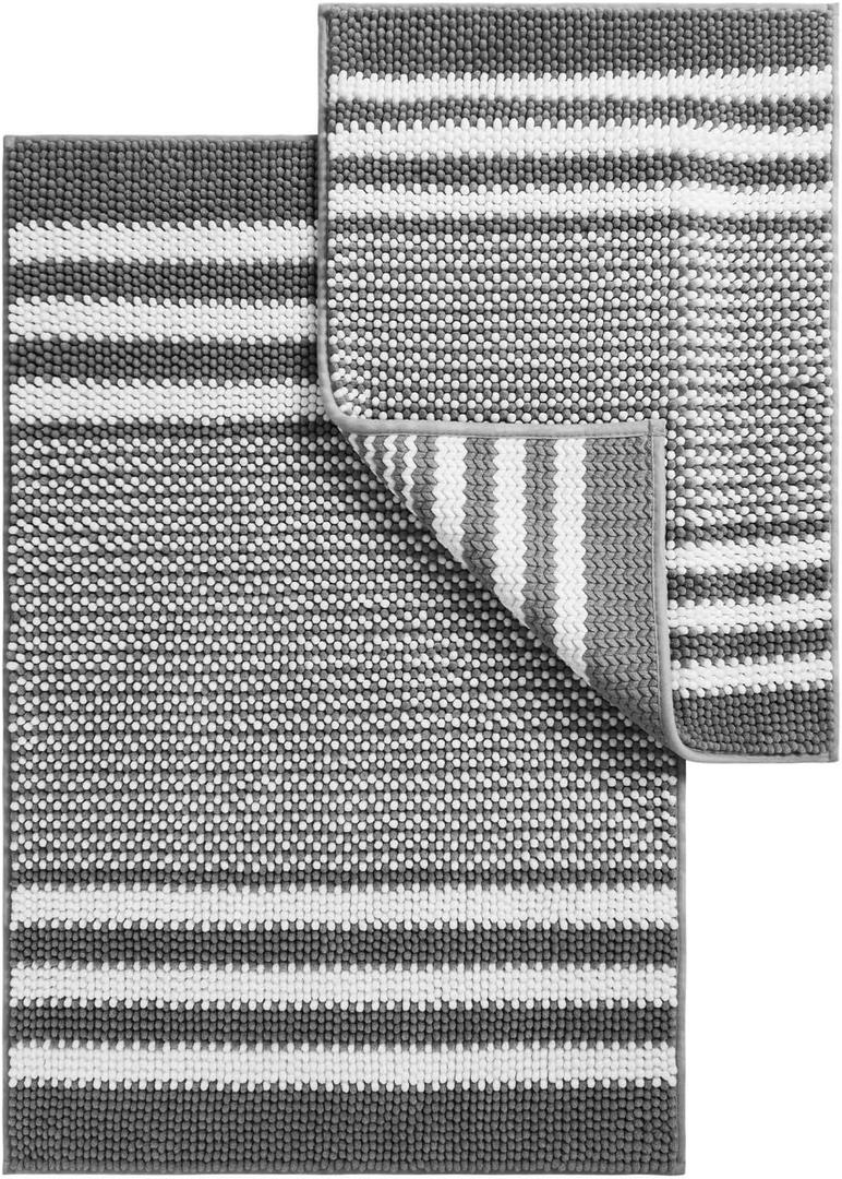 Bathroom Rugs Set 2 Piece, Extra Soft and Absorbent Fluffy Striped Chenille Bath Mat Rug Set, Non Slip Bathroom Floor Mat, Machine Washable (24" x 35" Plus 16" x 24", Dark Gray)