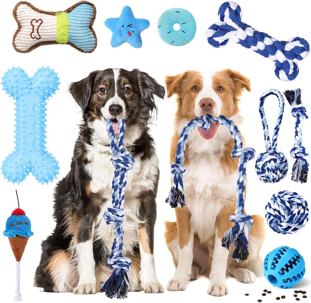 Vinsot 12 Pack Large Dog Chew Toys for Aggressive Chewers Dogs Teething Toys with Dental Rope Squeaky Balls and Chew Bone for Medium Large X-Large Breeds Dogs (Blue White)