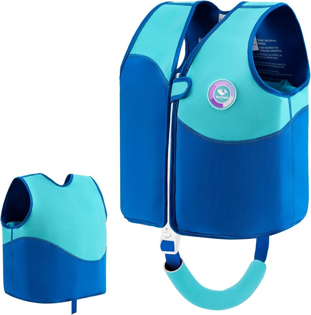 Pottwal Swim Vest for Kids - Swim Jacket for 1-2 Years (24-33 LBS) - Puddle Jumper with Adjustable Crotch Strap - Made of Neoprene & EPE - Blue Color Blocking