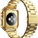 Compatible with Apple Watch Band and Case, Stainless Steel Metal Chain with TPU Cover, Smart-Watch Link Bracelet Strap, Wrist-Band for i-Watch Series 9 8 7 6 5 4 3 2 1 SE, 41mm 40mm 38mm, Gold