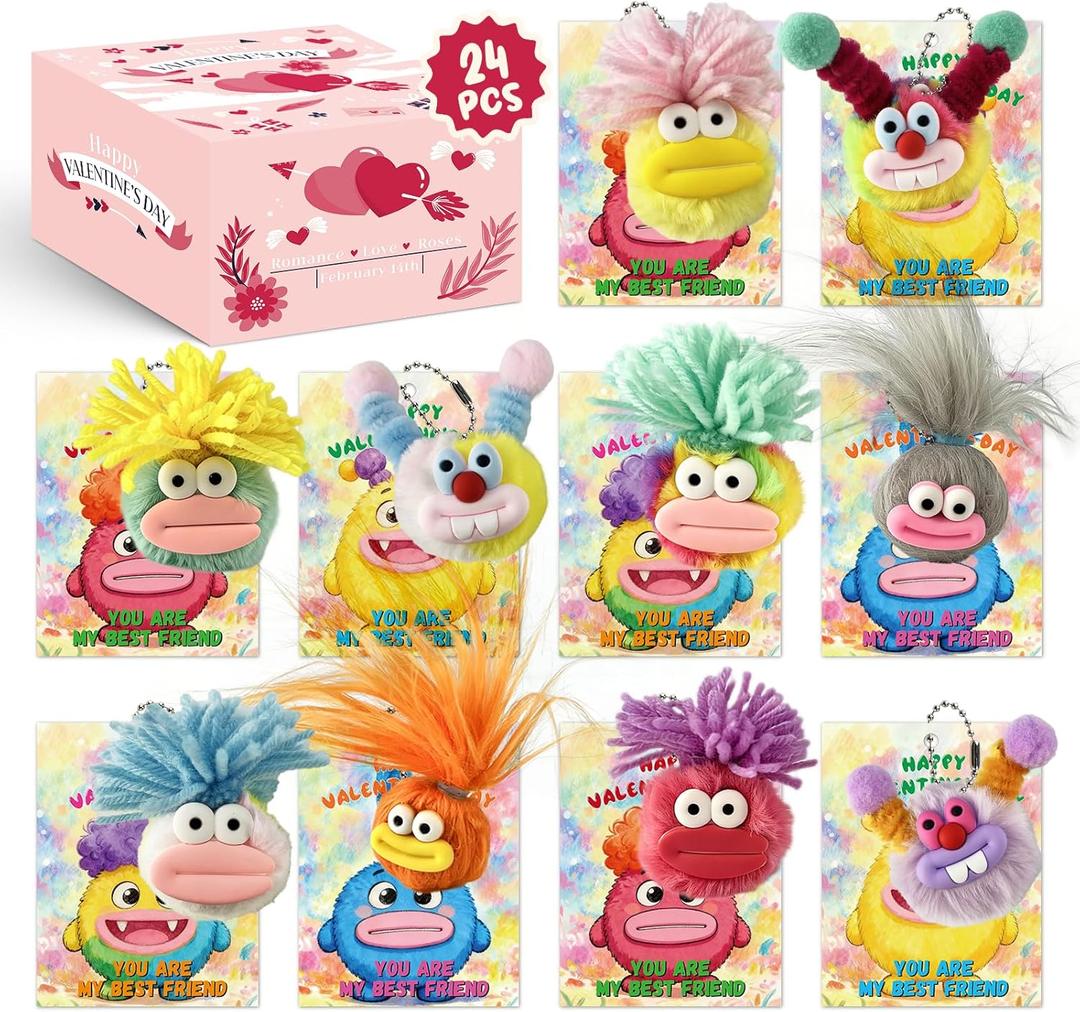 24 Pack Valentines Day Gifts Plush Toys Monster Keychain for Kids with Valentines Cards for Kids Classroom Exchange School Prize Exchange Party Favors Stuffed Toys