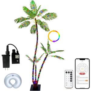 6FT Lighted Artificial Palm Tree with Three Trunks and 212 LED Lights with Remote Control and App Waterproof for Tiki Bars, Patios,Beaches,Yards Pool, Cruise Party-Warm White to Multicolor