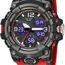 Gosasa Men's Large Face Outdoor Sports Watches Military S-Shock Watch Waterproof, Backlight, Alarm, Stopwatch Features - Rugged Wristwatch for Training, Hiking, and Adventure (8008_Red)