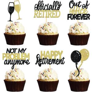24 Pcs Happy Retirement Cupcake Toppers Officially Retired Cupcake Picks, Out Of Office Forever Retirement Theme Cake Toppers Decorations for Farewell Party Cakes (Black&Gold)