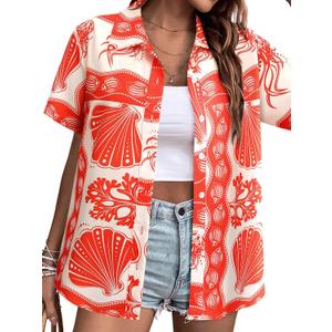 MYMORE  Womens Hawaiian Shirt Luau Party Tropical Vacation Button Down Shirts Short Sleeve Beach Hawaii Floral Print Top (Red, XL)