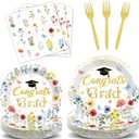96Pcs Wildflower Graduation Party Decorations 2026 Congrats Grad Floral Paper Plates Napkins Flower Class of 2026 Disposable Tableware for College High School Grad Party Supplies Table Decor Serves 24