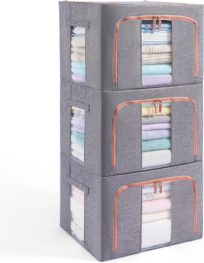 GuliPostan 3 Pack 100L Stackable Clothes Storage Bins with Metal Frame Handles & Zipper, Collapsible Closet Organizer Box with Lid for Bedding Blankets Towel (Grey)