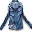 AvaCostume Women's Long Sleeve Double Pocket Slim-fit Jean Denim Shirt,  M