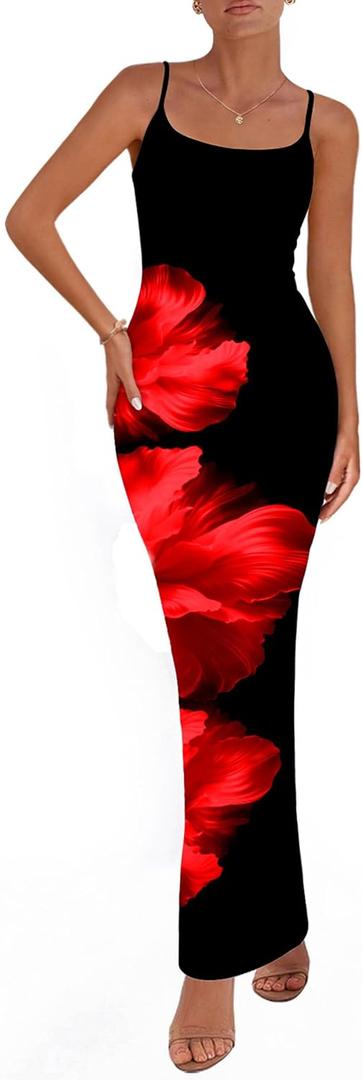 PRETTYGARDEN Womens Floral Maxi Dress Summer 2026 Sexy Spaghetti Strap Slip Bodycon Mesh Beach Vacation Dresses (Small, Floral Black Red)