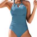 AI'MAGE Women One Piece Swimsuits Halter Neck Bathing Suit Tummy Control Swimwear Cutout Backless Swimming Suit XL (Dark Blue)