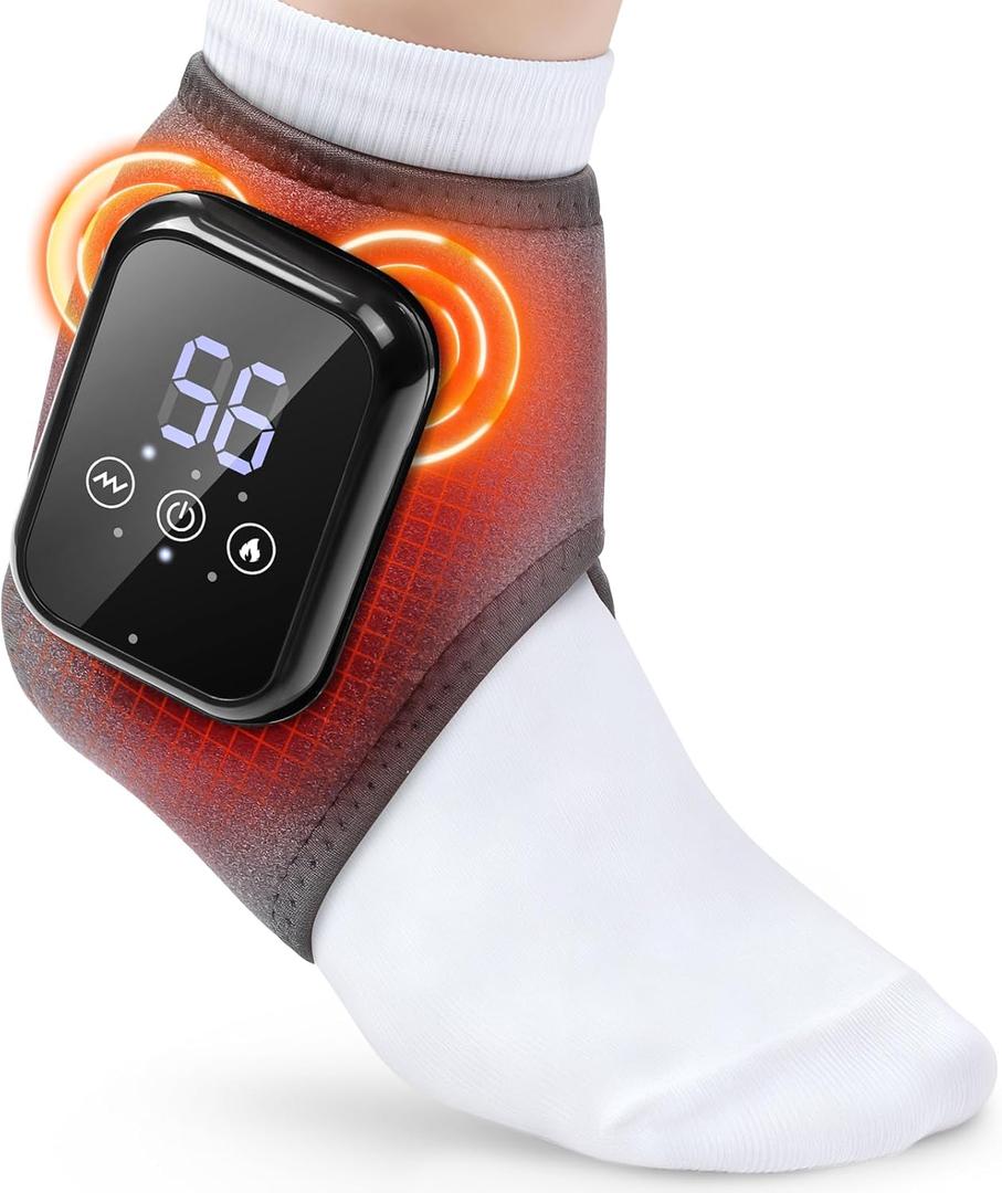 Cordless Foot and Ankle Massager for Pain Relief, Ankle Heating Pad with Massage, Foot Heating Pad with Massage, Heated Foot Brace Wrap, 3 Heat Levels, 3 Vibration Modes, Auto Shut-Off (Adjustable Size, Grey)