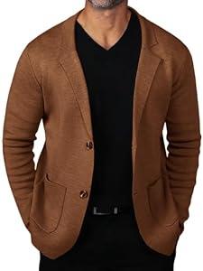 Mens Cardigan Sweater Knit Blazer Suit Jacket Casual Two Button Lightweight Sport Coat with Pockets Brown XL