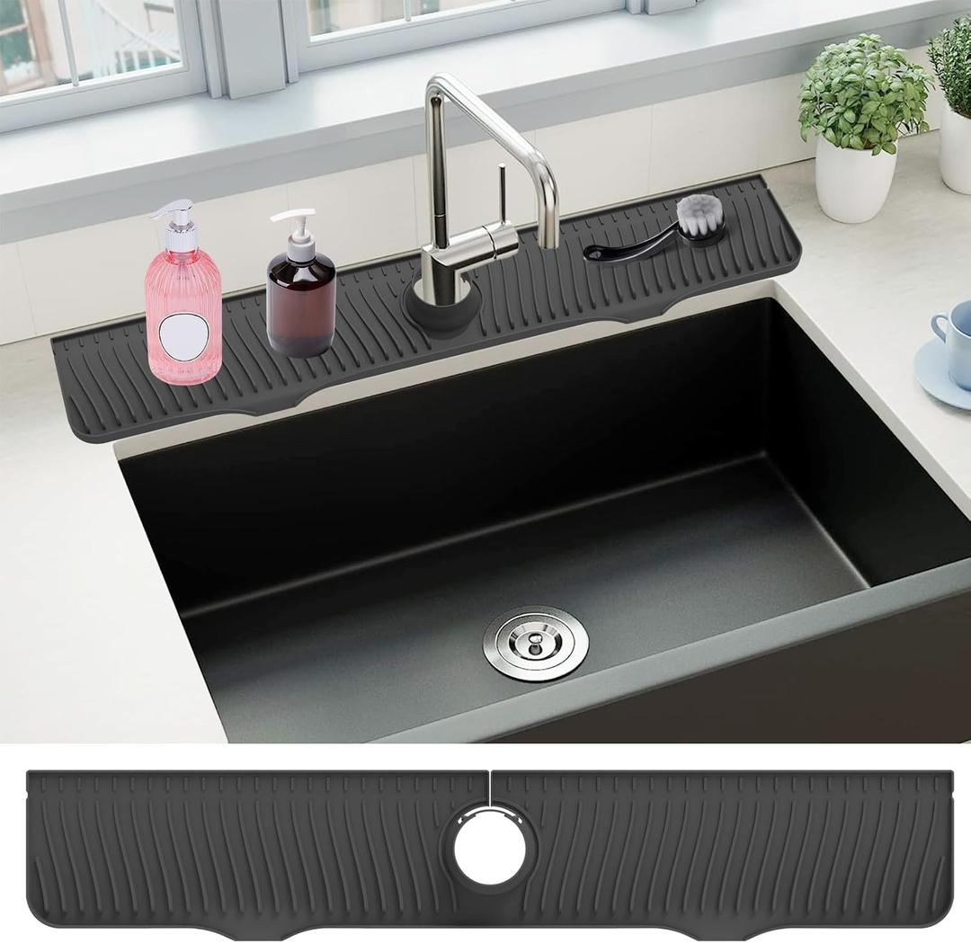 Sink Splash Guard, 32 x 5.5, Longer Faucet Mat, Silicone Sink Splash Guard Behind Faucet, Faucet Guard Draining Mat, Water Drip Catcher Mat for Kitchen,Bathroom (Black)