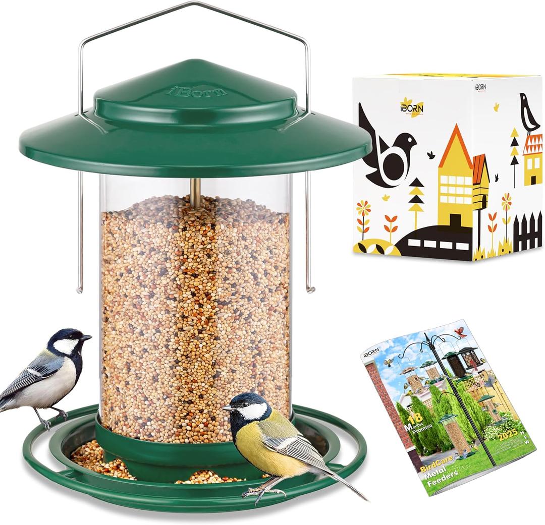 iBorn Metal Bird Feeders for Outdoors Hanging,Wild Bird Feeders for Cardinal,18cm Large Roof&Tray New Green 6 Port (Seed is not Included) (6Port,2.2lb,PC tube)