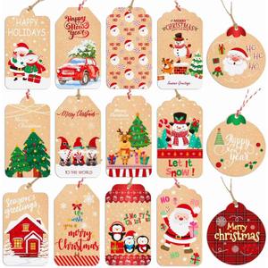 7 x Christmas Tags for Gifts, 15 Designs Kraft Paper Christmas Gift Tags with String Hanging Name Tag Labels for Christmas Gift Wrap, DIY Arts and Crafts, Christmas Party(2 x 3.5 Inch)