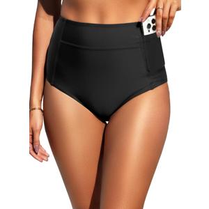 Tempt Me Women High Waisted Swimsuit Bikini Bottoms - Tummy Control Swim Bottom Full Coverage Bathing Suit with Pockets 2025 (Large, Black)